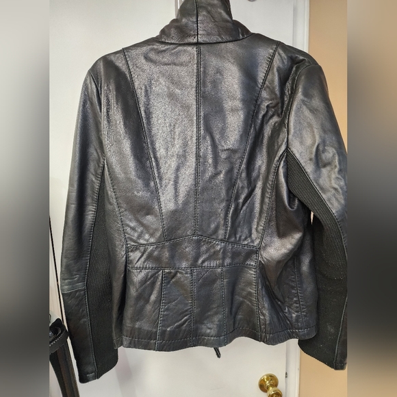 Michael Kors Leather Moto Jacket Womens L Black Knit Wing Collar Biker Coat. - Picture 4 of 9